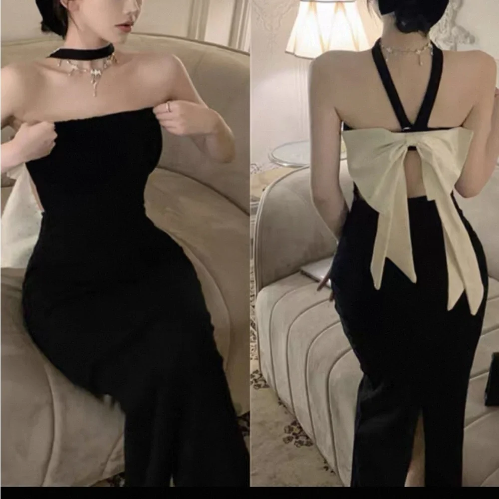Elegant Black and Cream Halter Dress - Picture 1 of 3